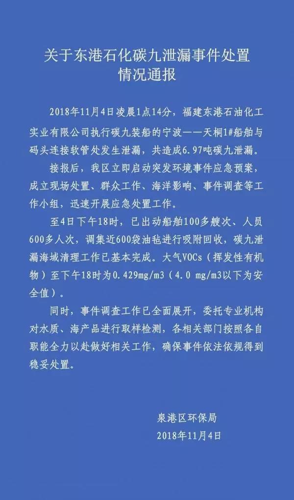突發(fā)！福建東港石化船舶泄露6.97噸碳九